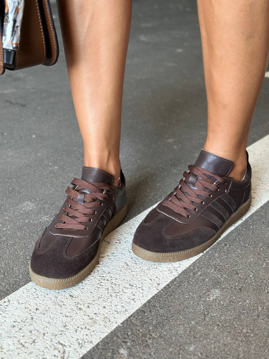 Women’s Chocolate Leather Sneakers with Suede Stripes – Model 6300-9