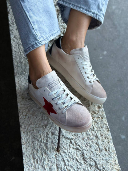 Women’s Beige & Black Leather and Suede Sneakers – Model 9418-1