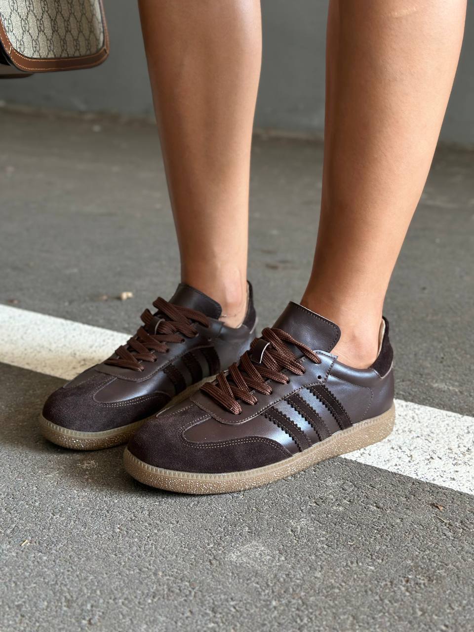 Women’s Chocolate Leather Sneakers with Suede Stripes – Model 6300-9