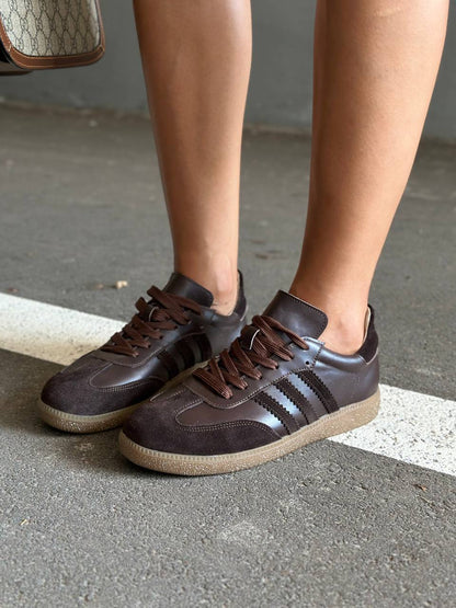 Women’s Chocolate Leather Sneakers with Suede Stripes – Model 6300-9