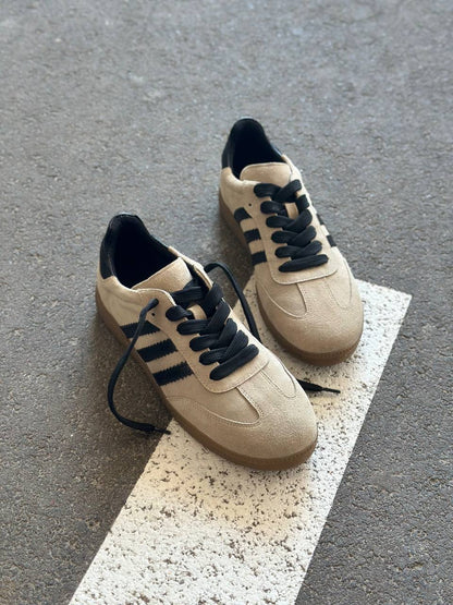 Women’s Beige Suede Sneakers with Black Stripes
