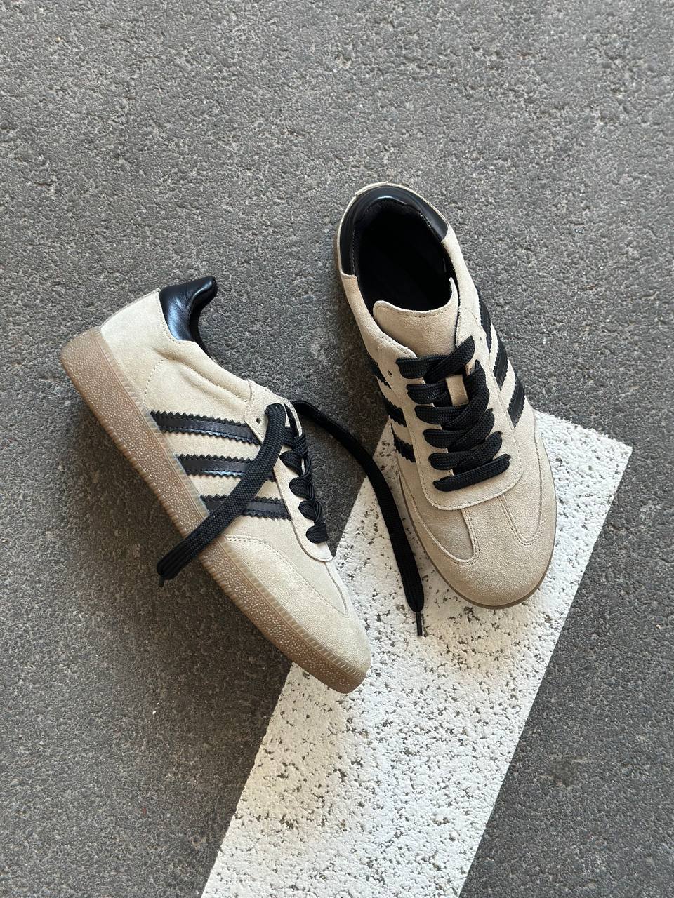 Women’s Beige Suede Sneakers with Black Stripes