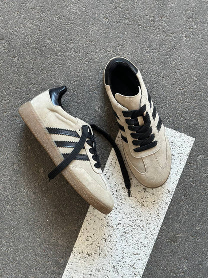 Women’s Beige Suede Sneakers with Black Stripes