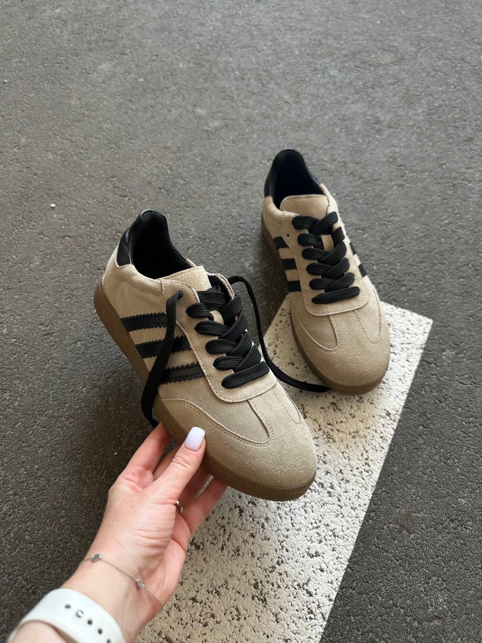 Women’s Beige Suede Sneakers with Black Stripes