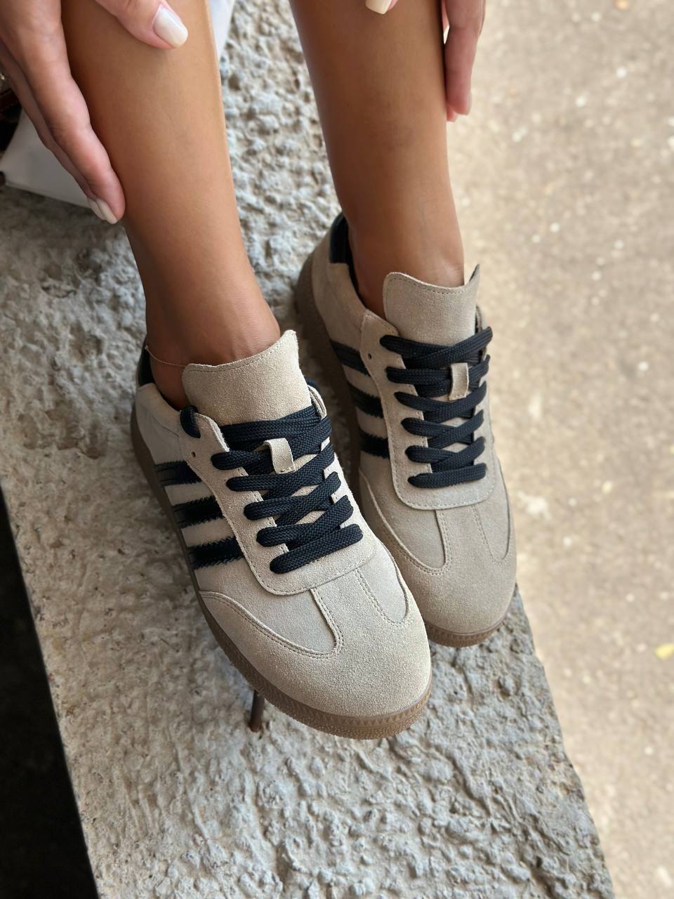 Women’s Beige Suede Sneakers with Black Stripes