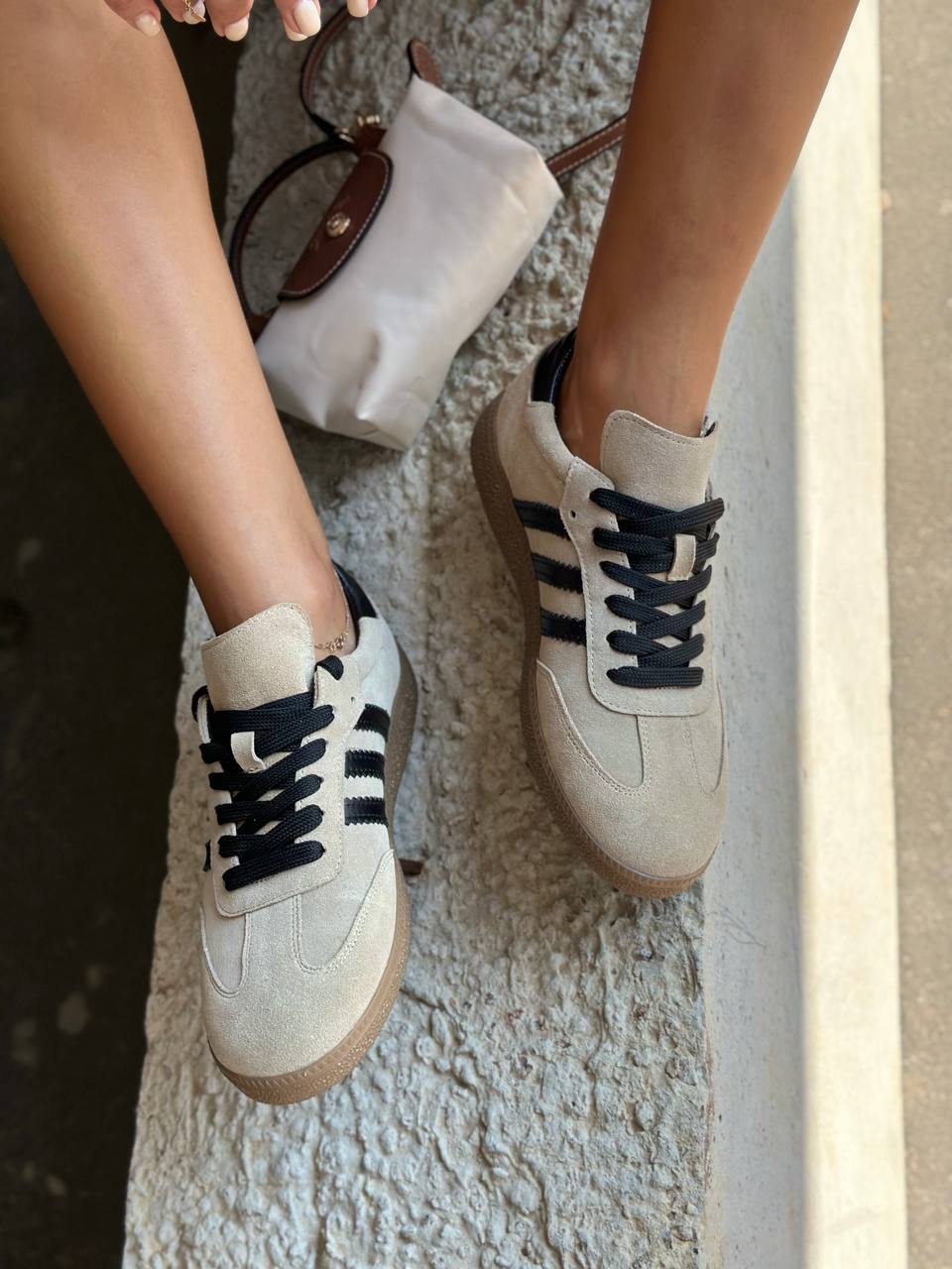 Women’s Beige Suede Sneakers with Black Stripes