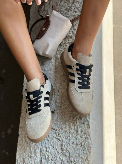 Women’s Beige Suede Sneakers with Black Stripes