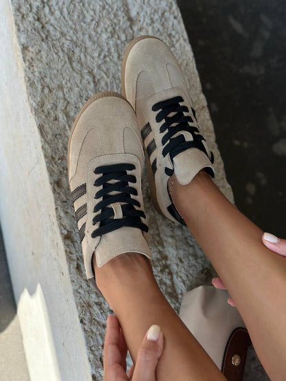 Women’s Beige Suede Sneakers with Black Stripes