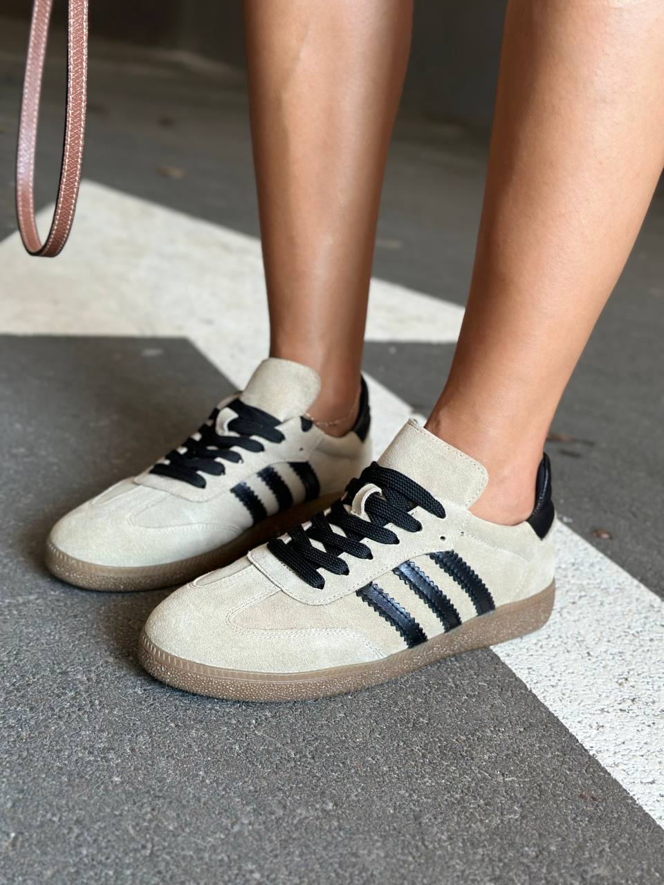 Women’s Beige Suede Sneakers with Black Stripes