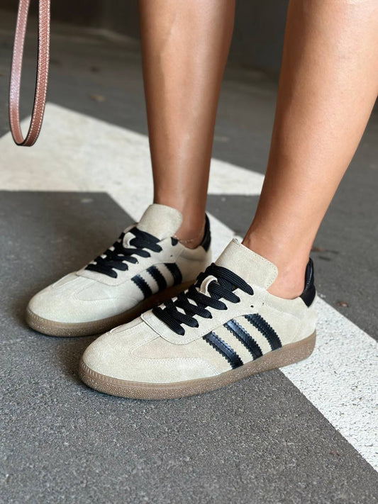 Women’s Beige Suede Sneakers with Black Stripes