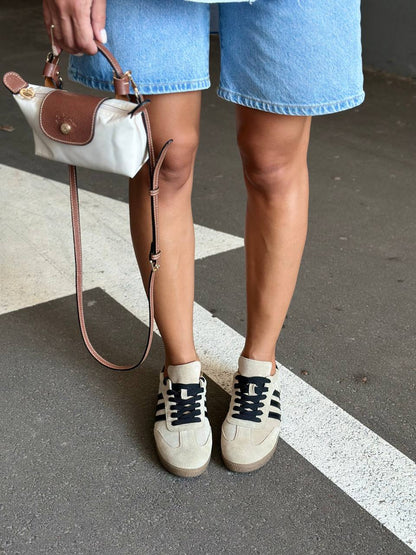 Women’s Beige Suede Sneakers with Black Stripes
