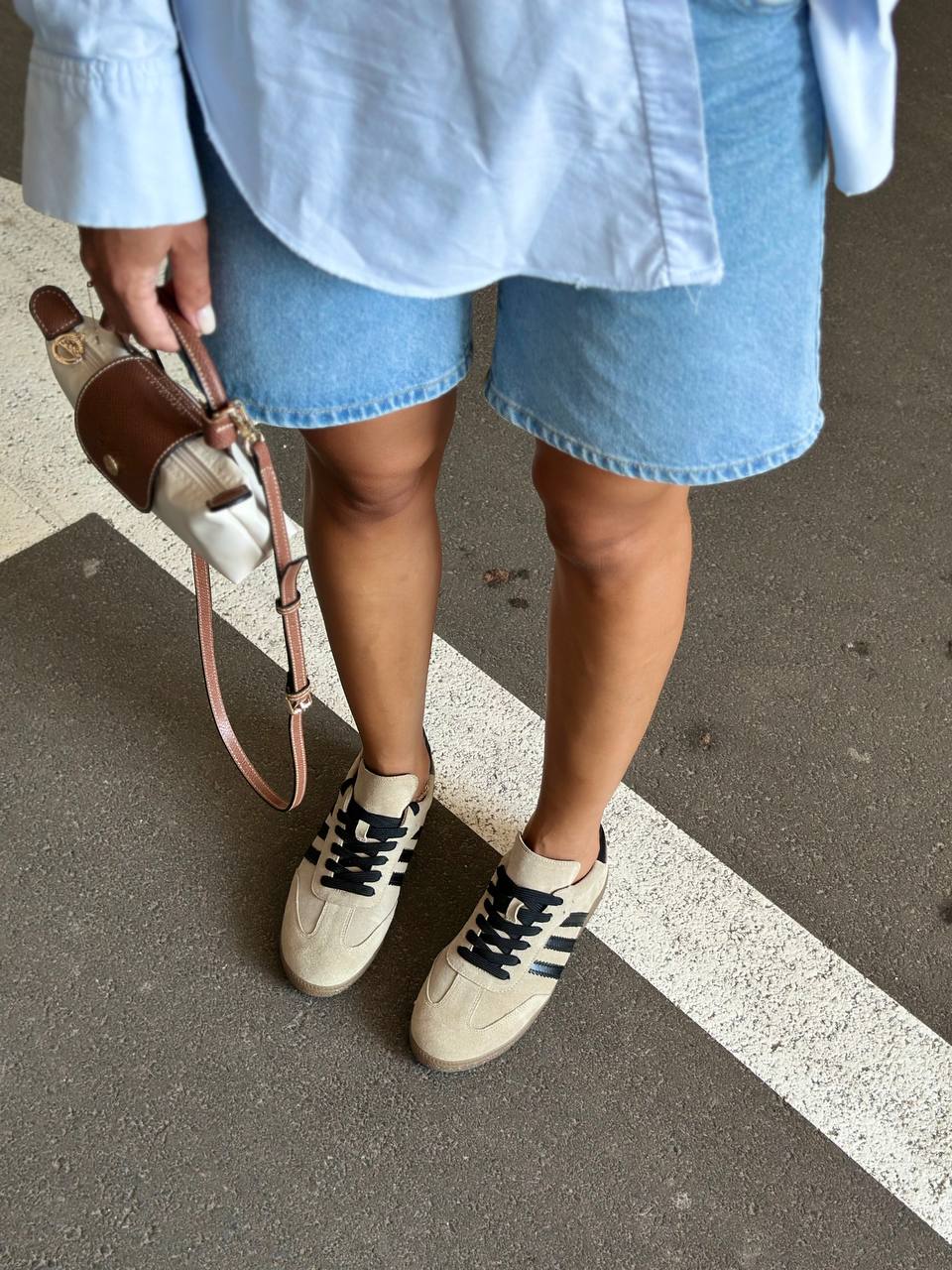 Women’s Beige Suede Sneakers with Black Stripes