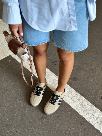 Women’s Beige Suede Sneakers with Black Stripes